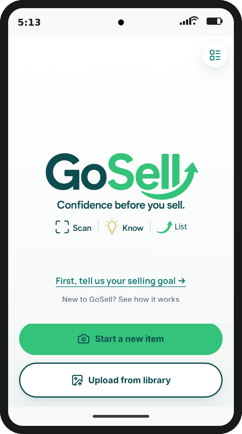 GoSell app home screen on an Android phone, showing the logo, tagline, and Start a new item button