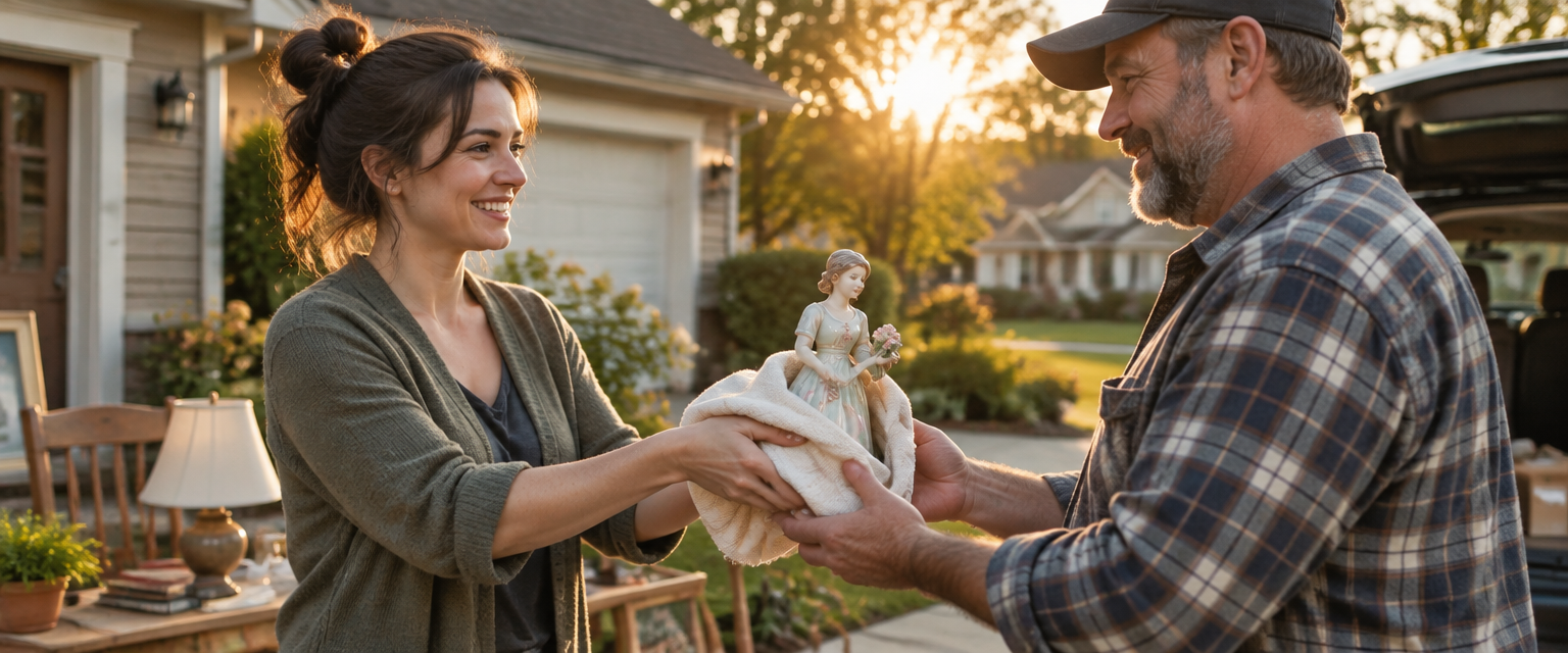 A seller handing a wrapped figurine to a buyer at a local pickup