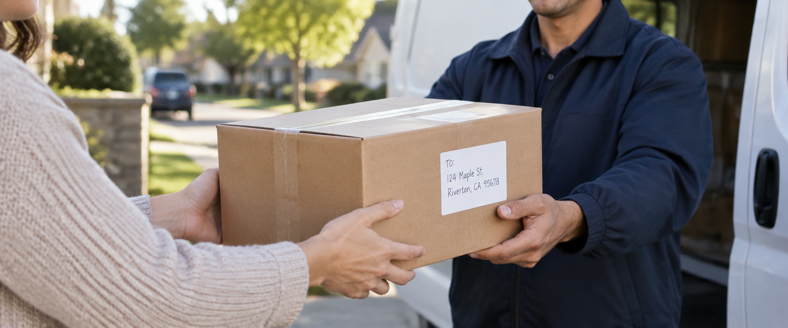 A seller handing a packed, labeled box to a shipping courier